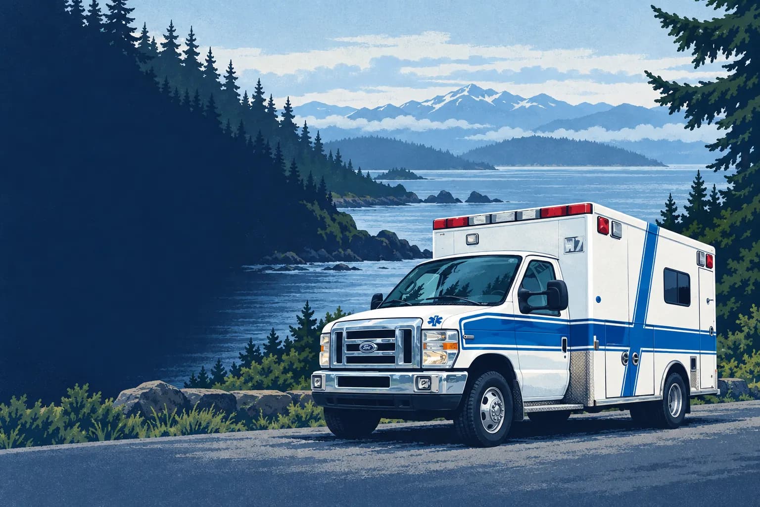 Illustration of a white and blue paramedic ambulance on a coastal road, with evergreen forests, water, and mountains beyond.
