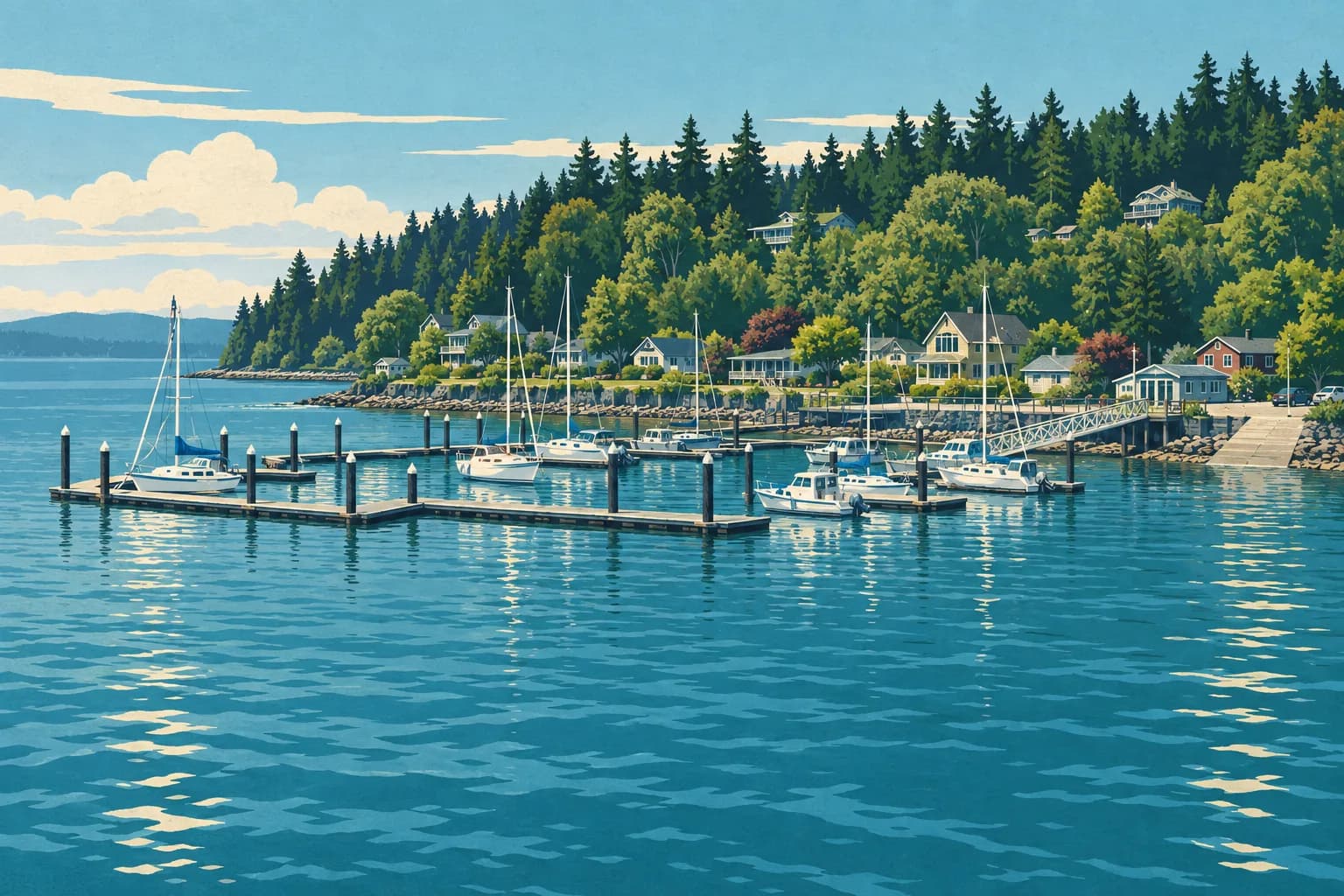 Illustration of Langley marina on Whidbey Island.