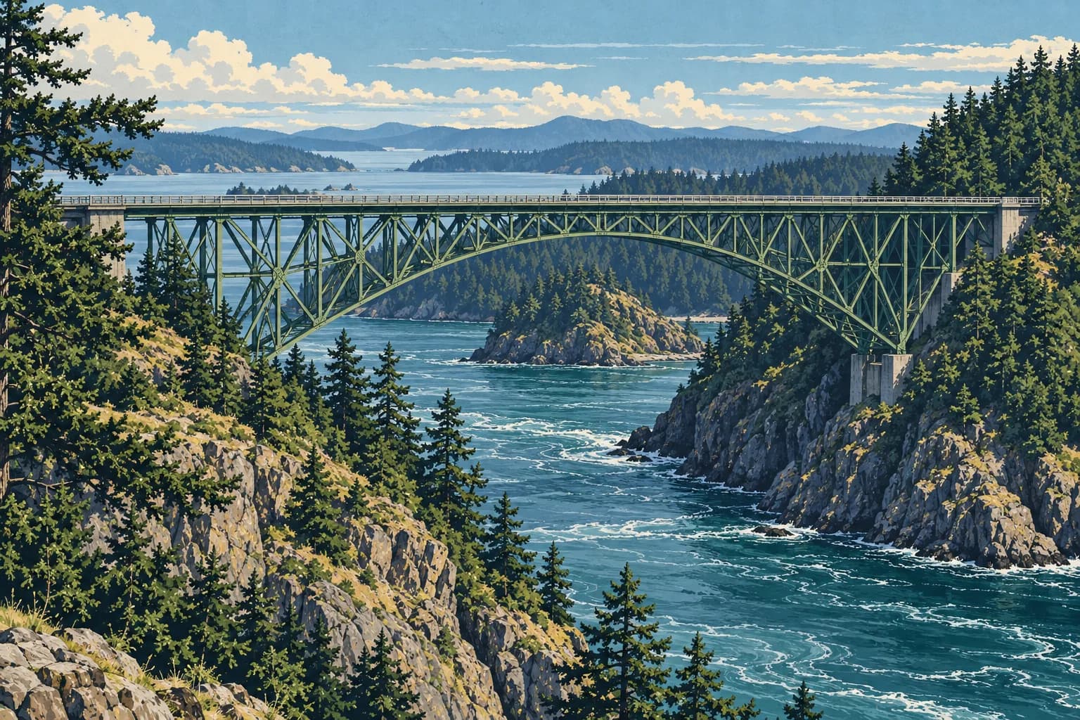 Illustration of Deception Pass Bridge above Whidbey Island's tidal waters.